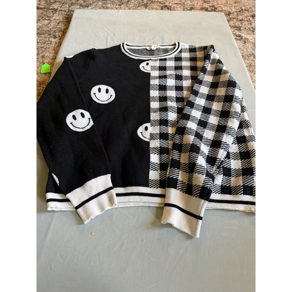 Kidcore Womens THML Smiley Face Checkerboard Split Knit Sweater L Black White